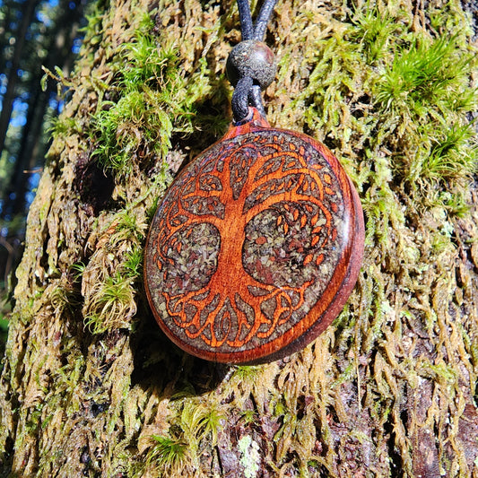 Dragons Blood Jasper Tree of Life Wood Pendant  - Necklace - Version 2