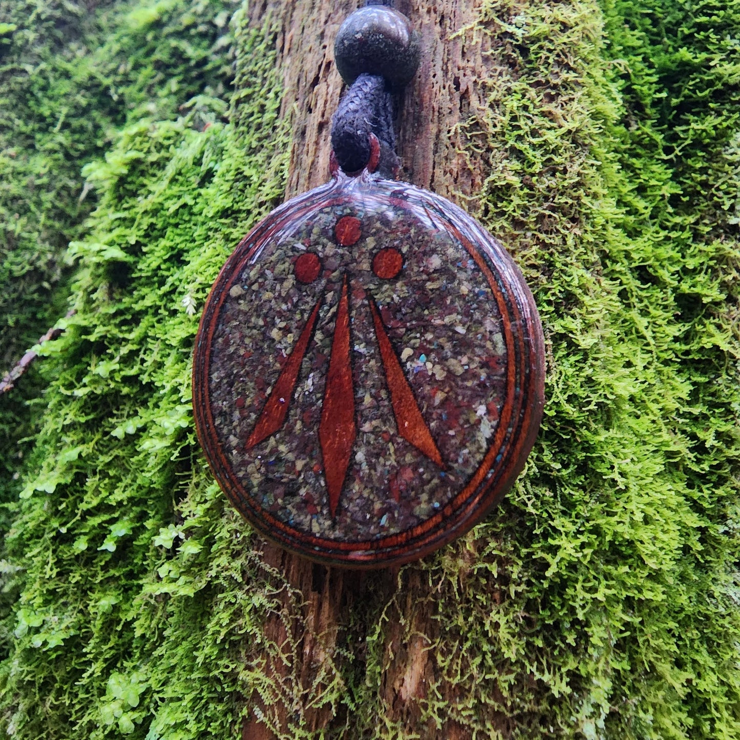 Dragons Blood Jasper - Awen Symbol - Wood Pendant - Necklace