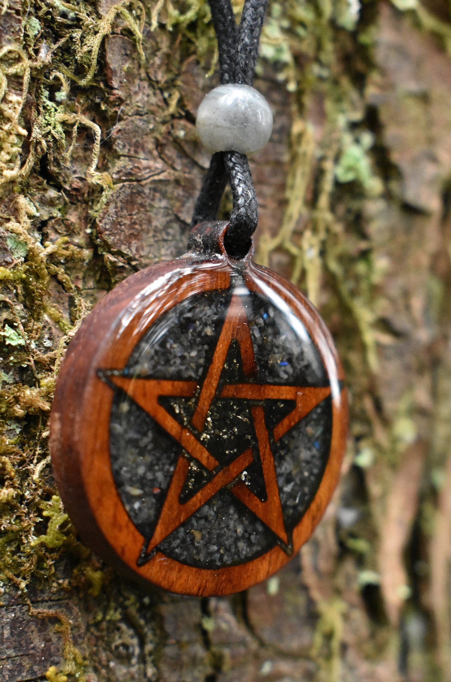 Black Tourmaline & Labradorite Pentagram Wood Pendant - Necklace