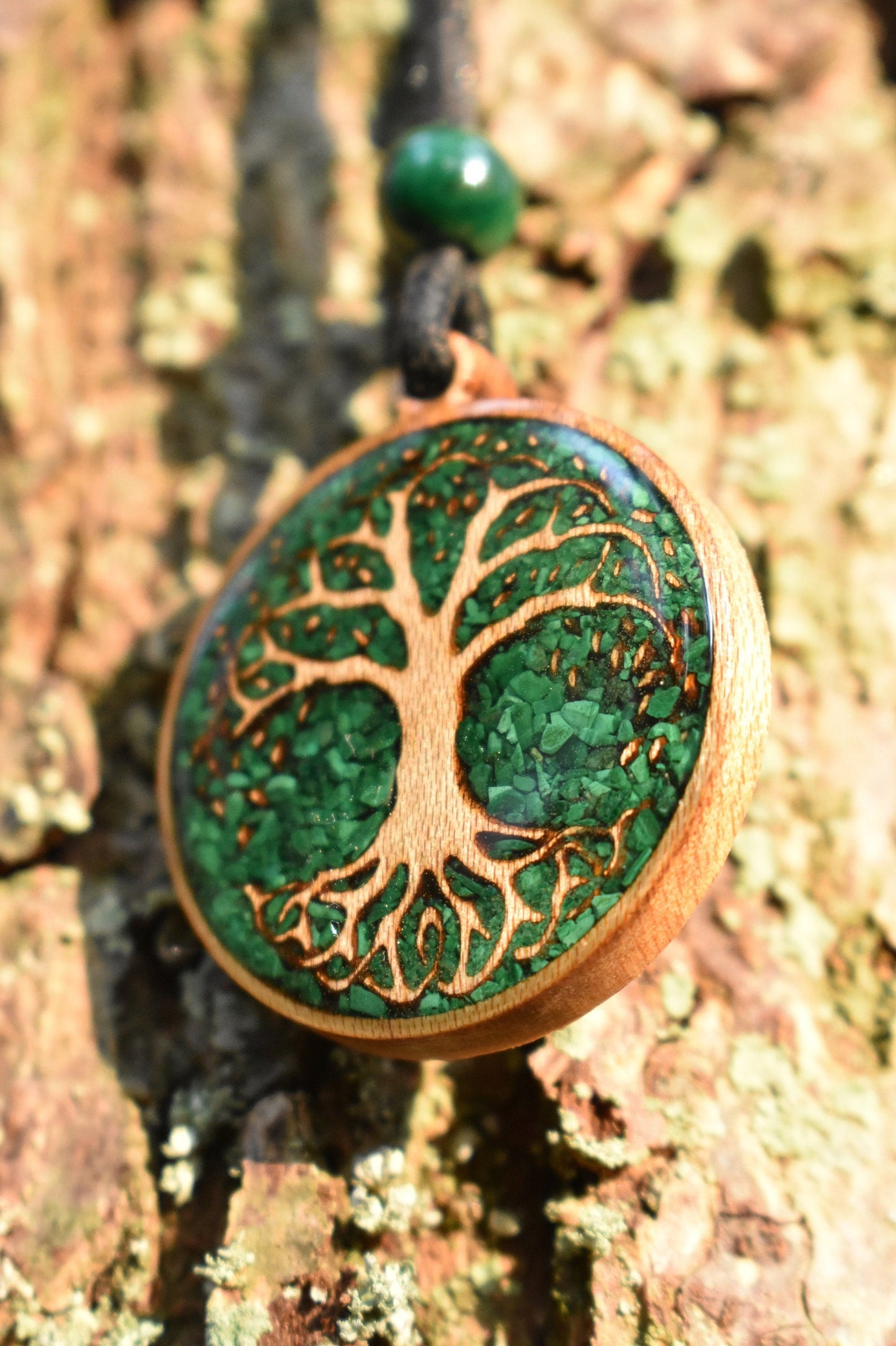 Malachite Tree of Life Wood Pendant  - Necklace - Version 2 - Maple