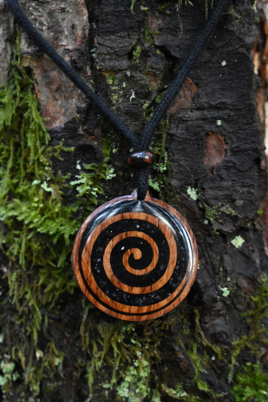 Black Tourmaline & Labradorite Celtic Spiral Wood Pendant - Necklace
