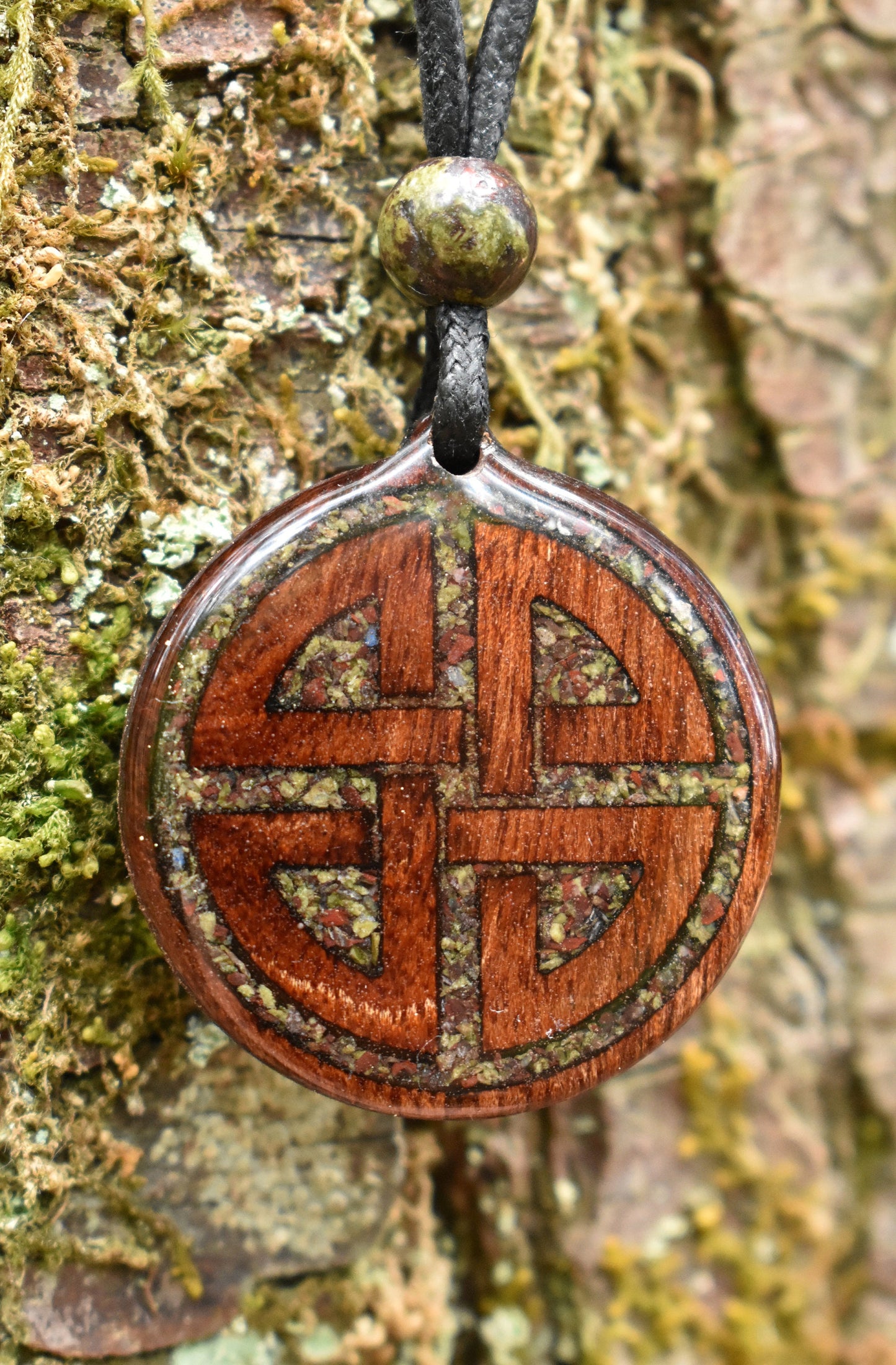 Dragons Blood Jasper - Shield Knot - Wood Pendant - Necklace