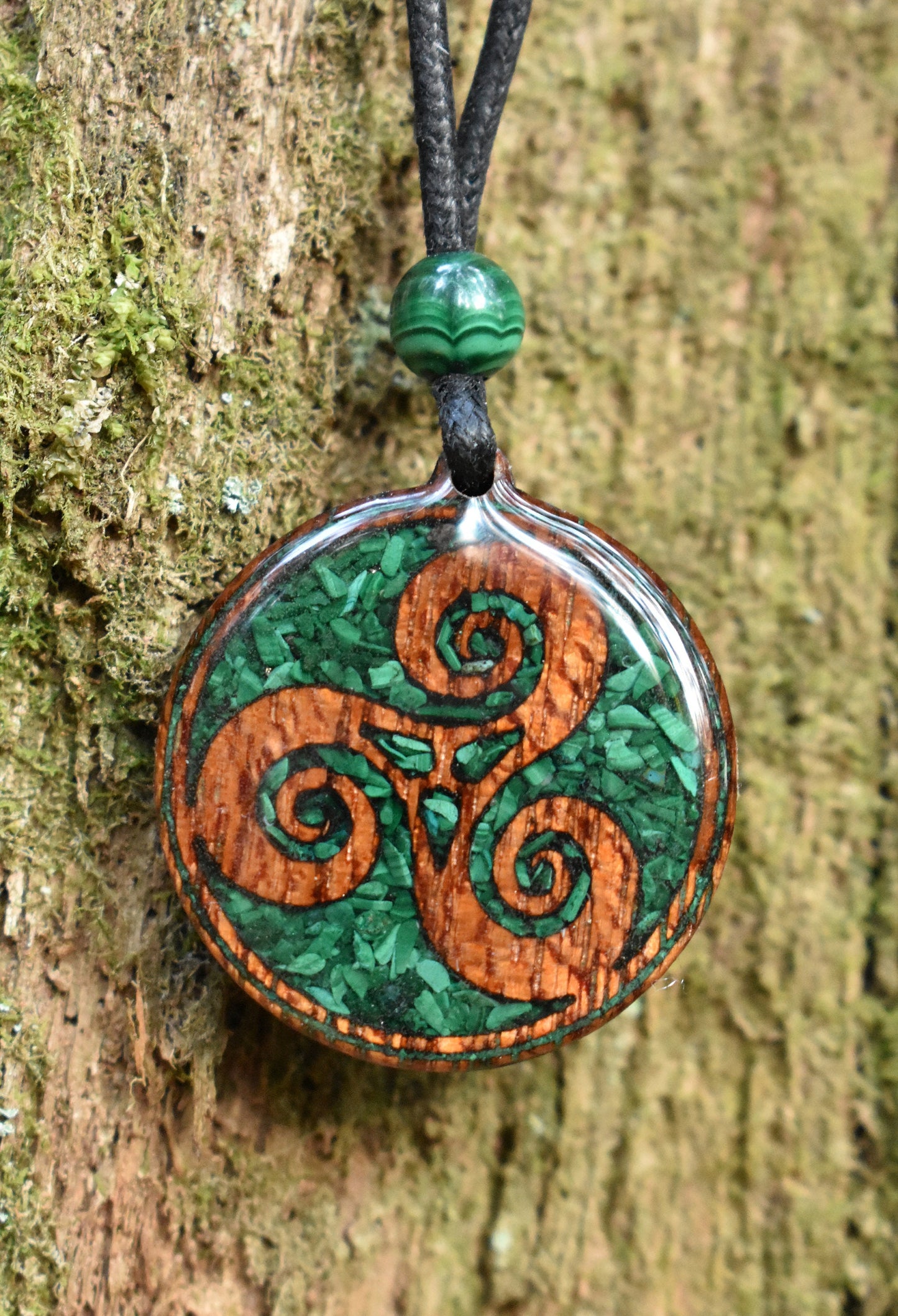 Malachite Triskelion Wood Pendant - Necklace