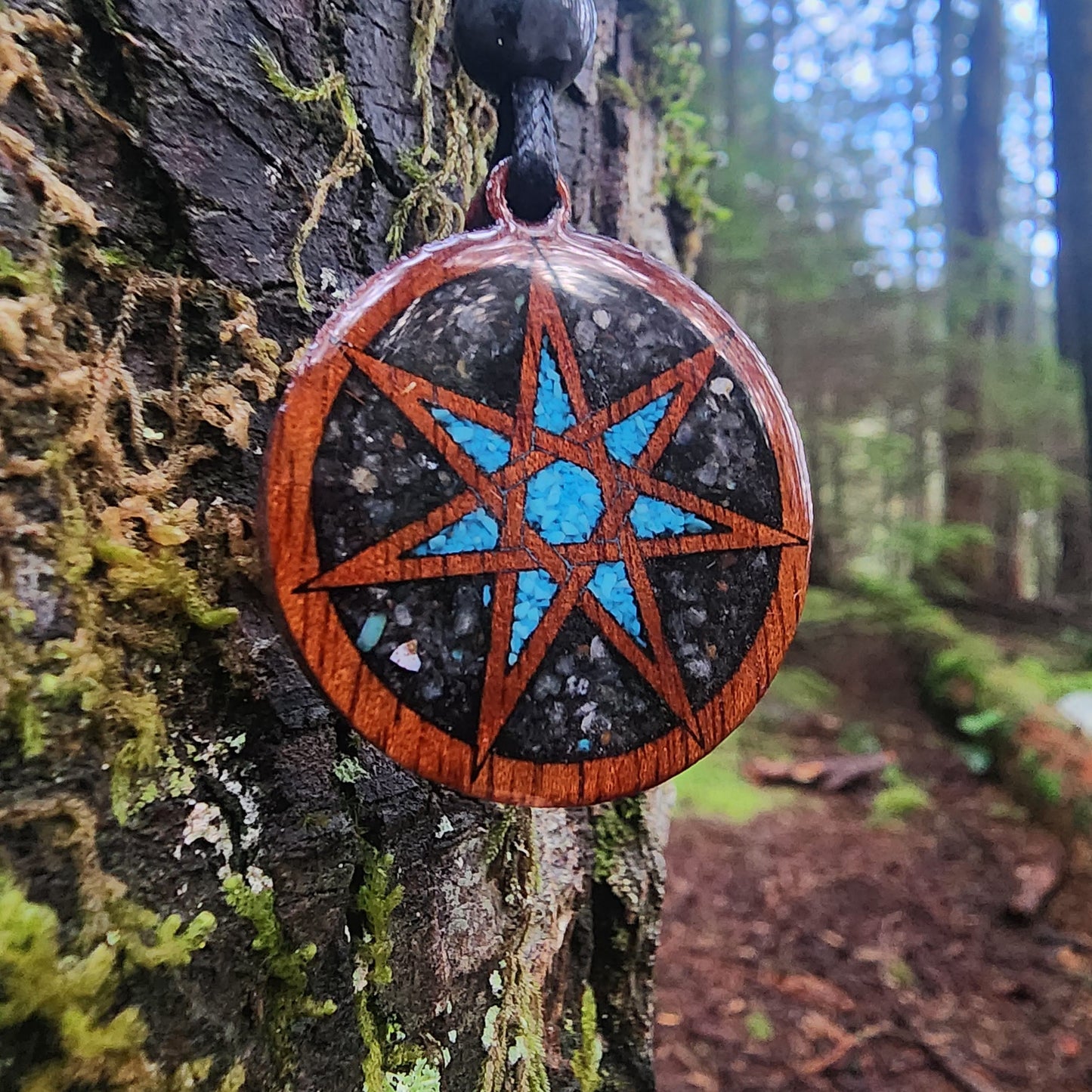 Faery Star - Turquoise -  Black Tourmaline - Labradorite - Wood Pendant - Necklace