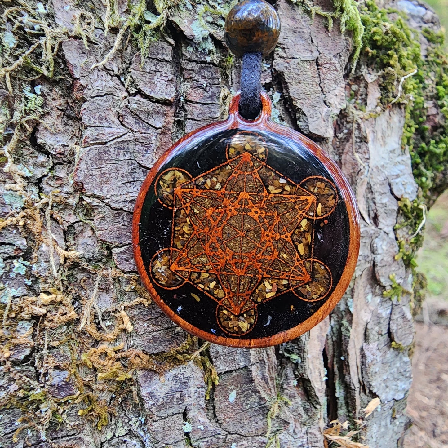Metatron's Cube - Black Tourmaline - Tigers Eye - Wood Pendant - Necklace