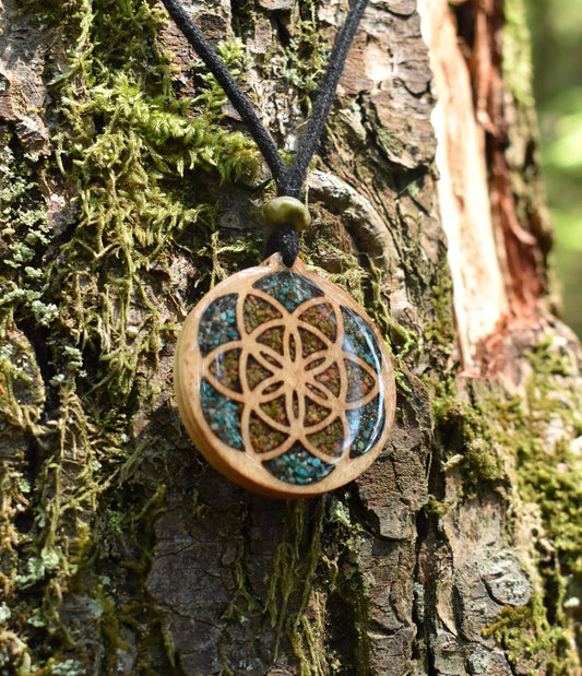 Seed of Life Pendant - Necklace with Chrysocolla & Unakite