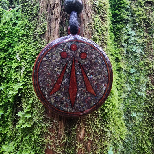 Dragons Blood Jasper - Awen Symbol - Wood Pendant - Necklace