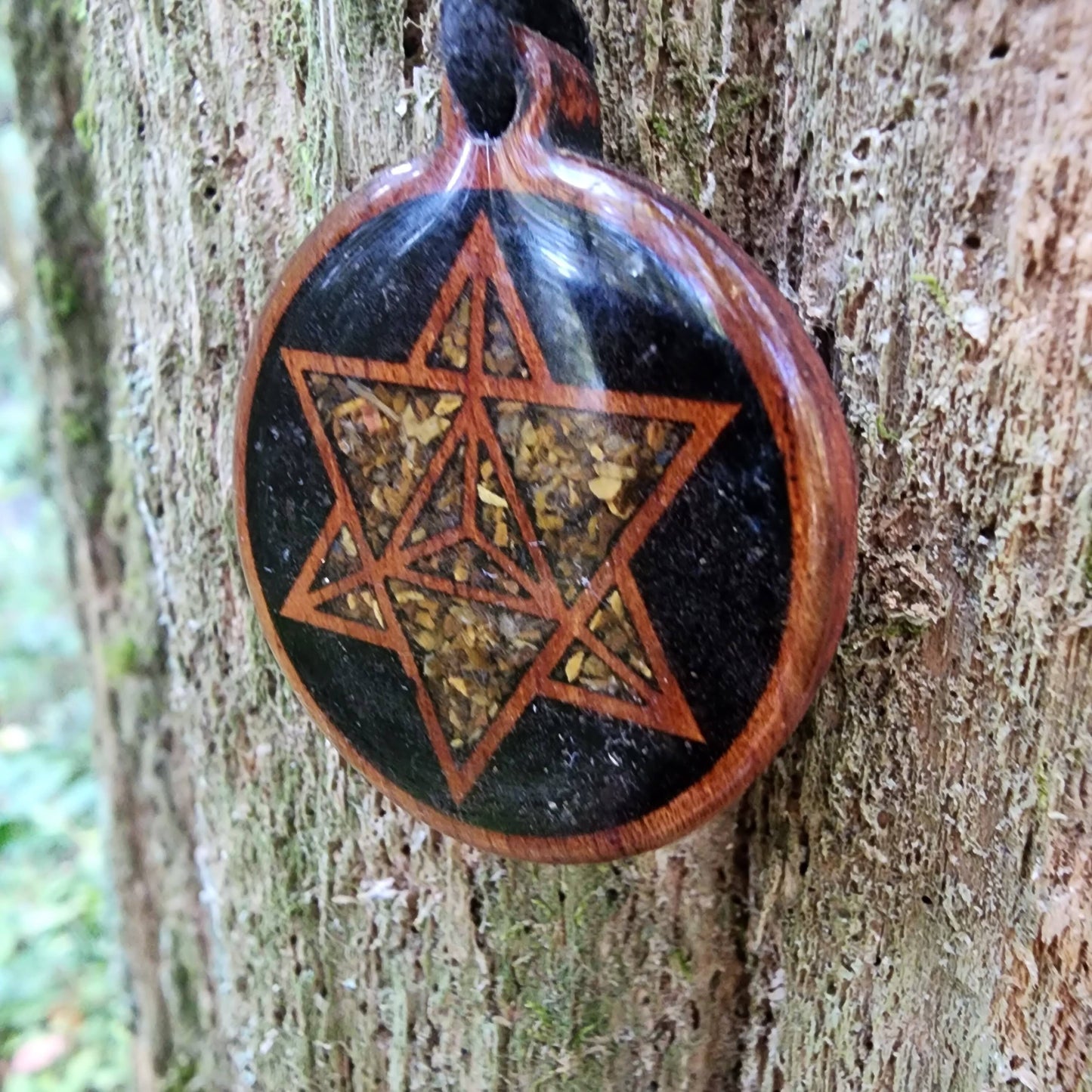 Merkaba - Black Tourmaline - Tigers Eye - Wood Pendant - Necklace