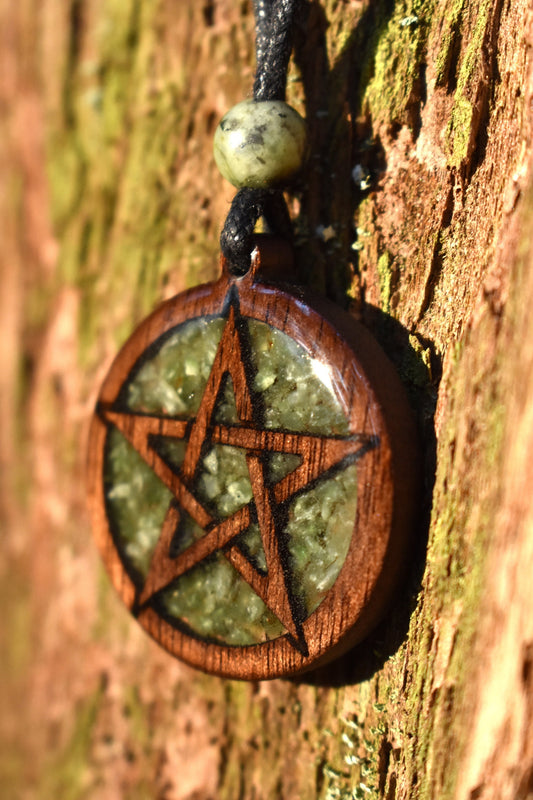 Nephrite Jade Pentagram Wood Pendant - Necklace