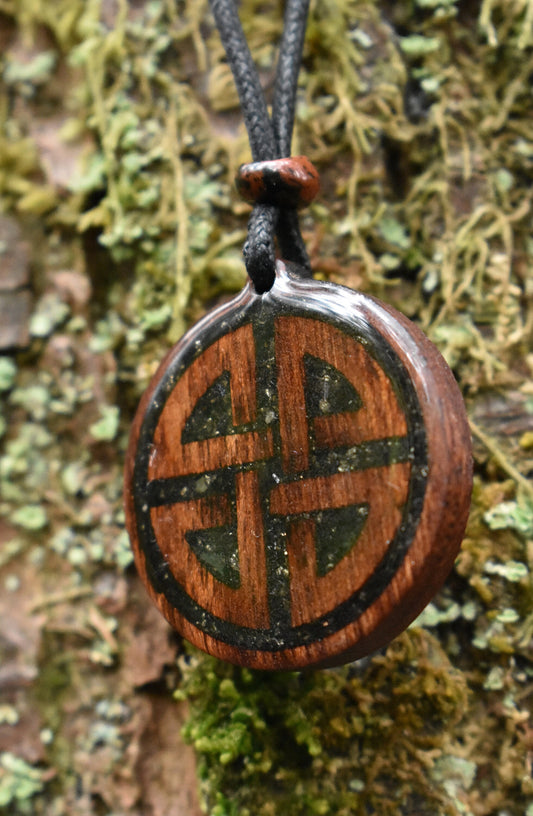 Black Tourmaline & Shungite - Hematite  - Shield Knot - Wood Pendant - Necklace