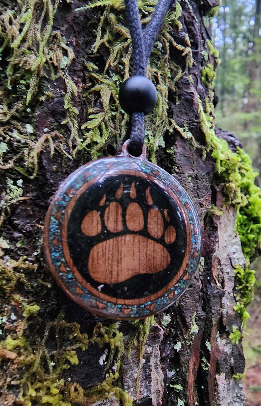Black Tourmaline - Phoenix Turquoise - Bear Totem - Paw - Wood Pendant - Necklace