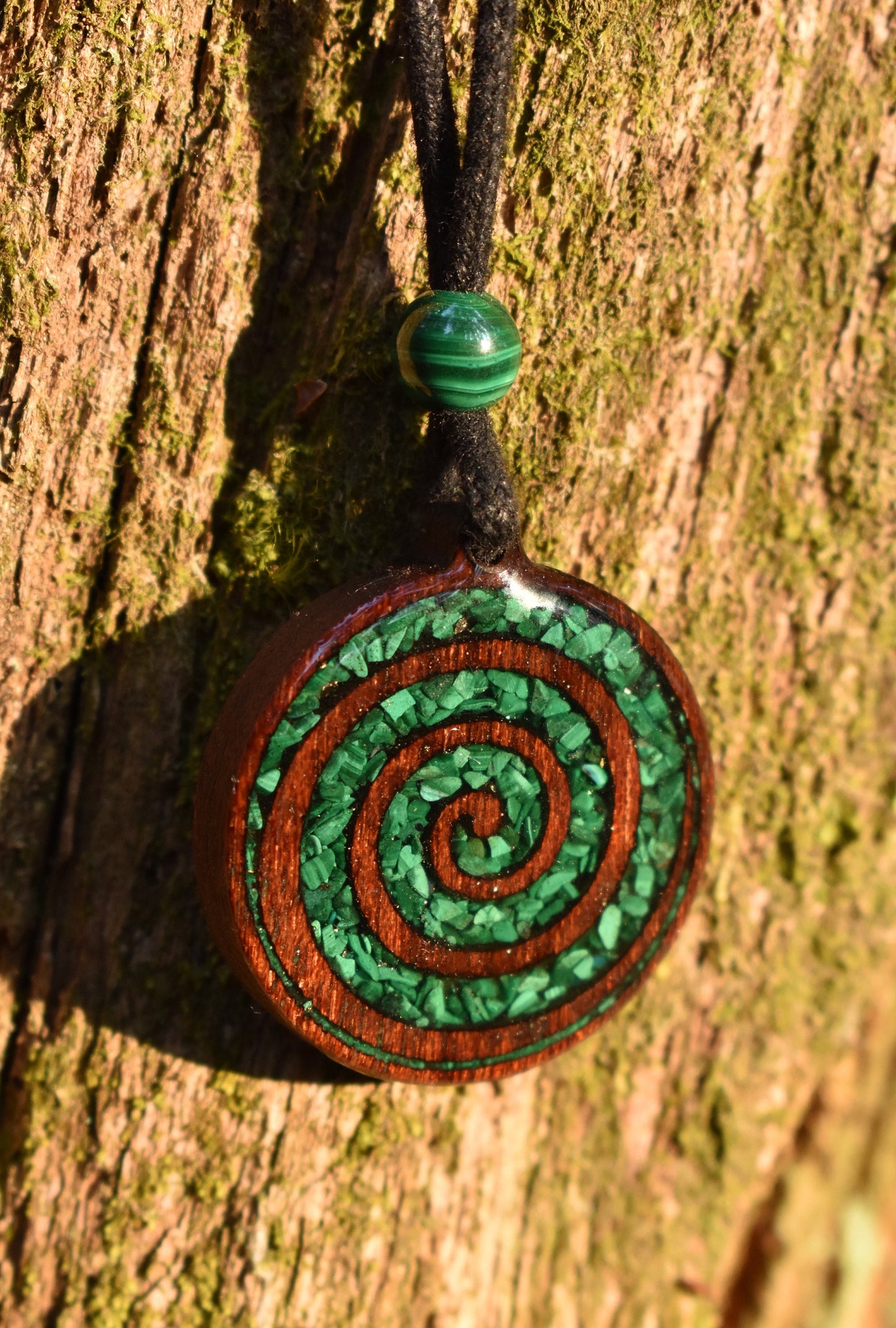 Malachite Celtic Spiral Wood Pendant - Necklace