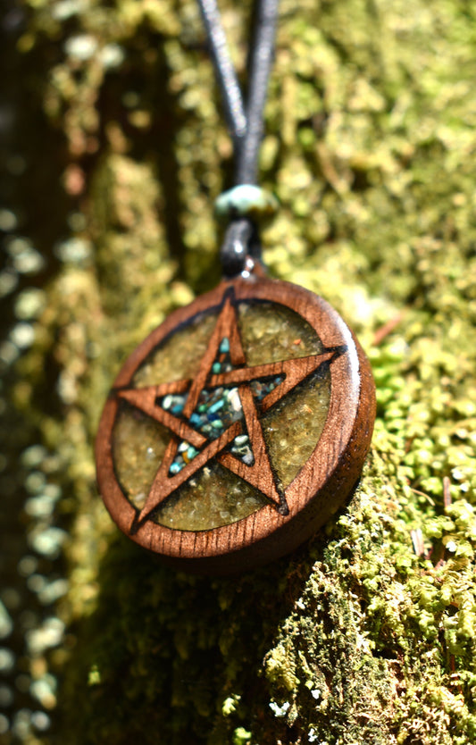 Phoenix Turquoise & Peridot Pentagram Wood Pendant - Necklace