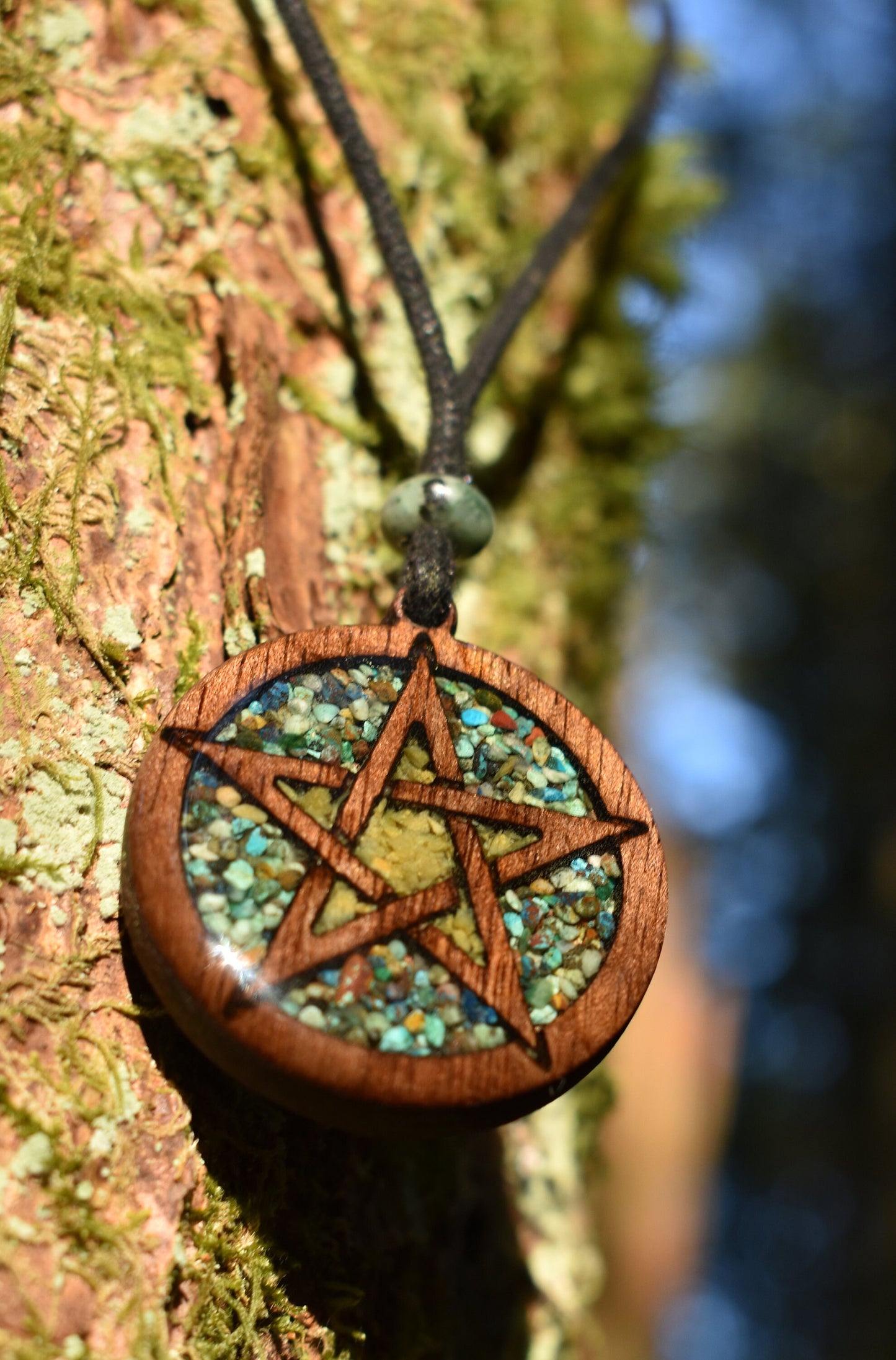 Phoenix Turquoise & Green Opal Pentagram Wood Pendant - Necklace