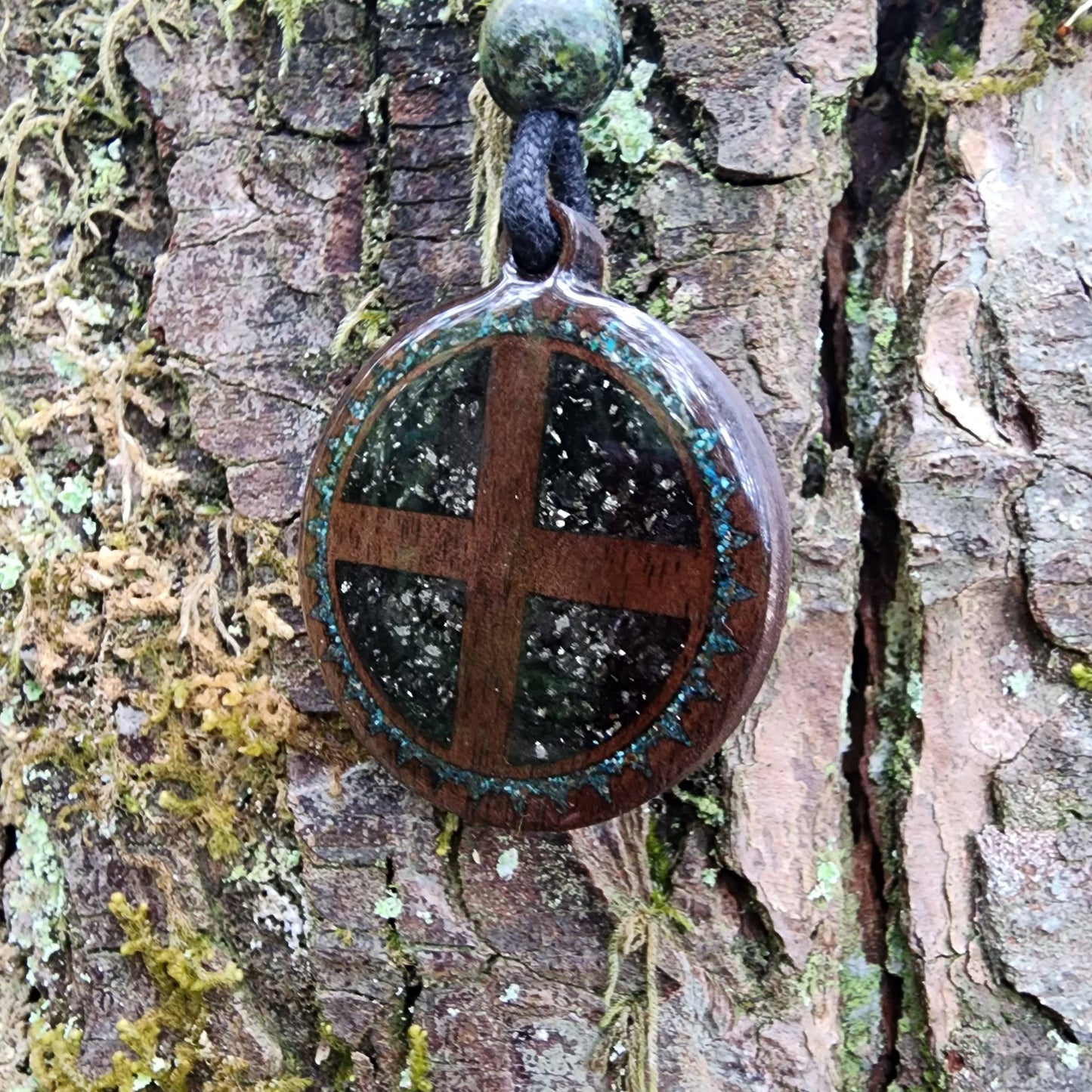 Solar Cross with Black Tourmaline - Pyrite - Phoenix Turquoise - Wood Pendant - Necklace