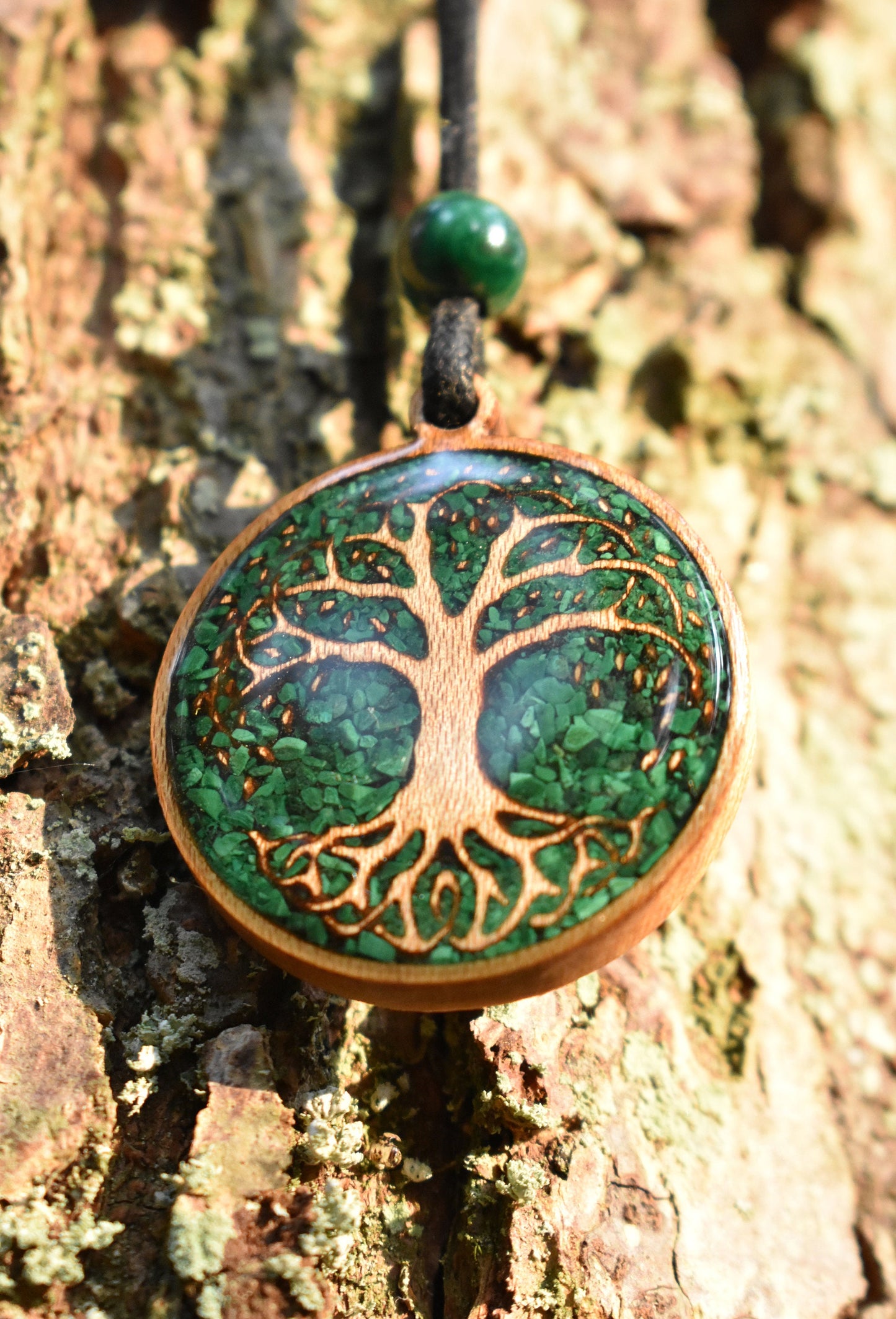 Malachite Tree of Life Wood Pendant  - Necklace - Version 2 - Maple