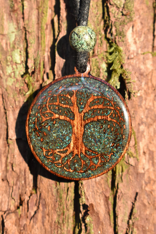 Phoenix Turquoise - Tree of Life Wood Pendant  - Necklace - Version 2