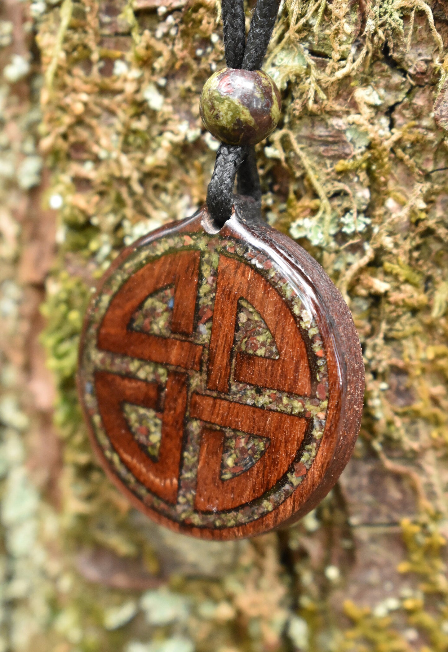 Dragons Blood Jasper - Shield Knot - Wood Pendant - Necklace