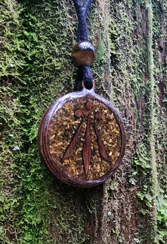 Tigers Eye - Awen Symbol - Wood Pendant - Necklace