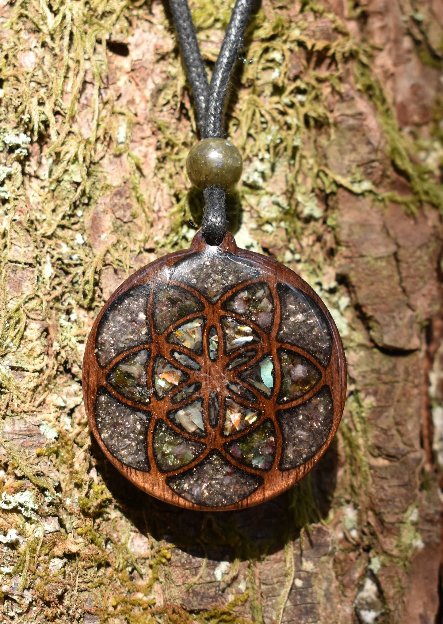 Seed of Life Pendant - Necklace with Abalone - Rainbow Tourmaline - Amethyst  Wood Pendant