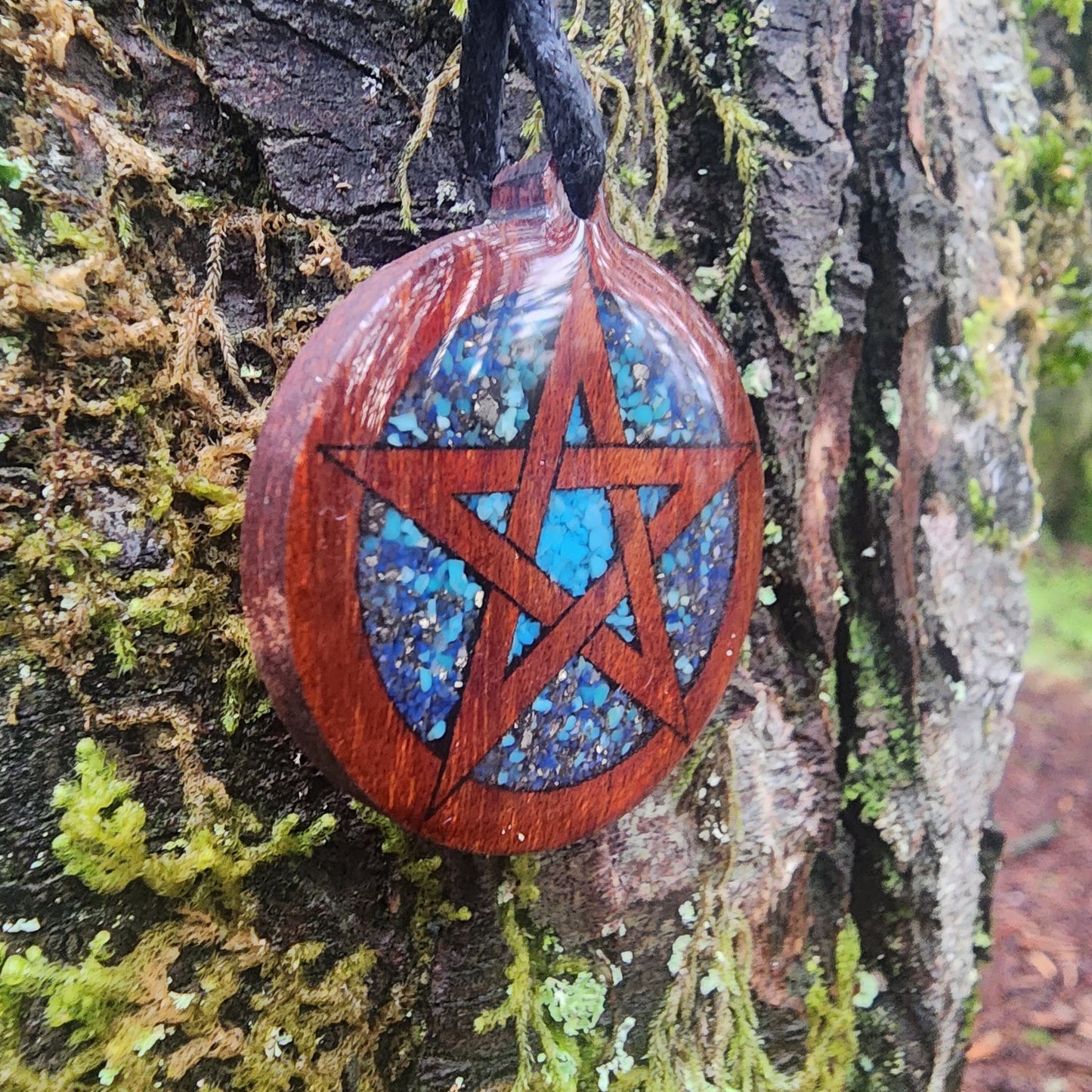 Turquoise - Lapis Lazuli & Pyrite Pentagram Wood Pendant - Necklace