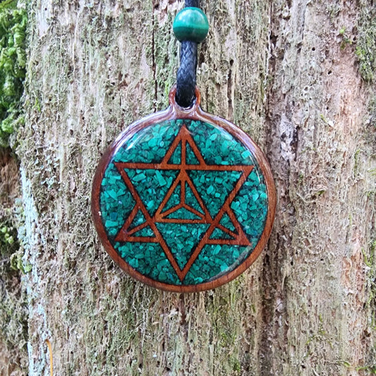Merkaba -Malachite - Wood Pendant - Necklace