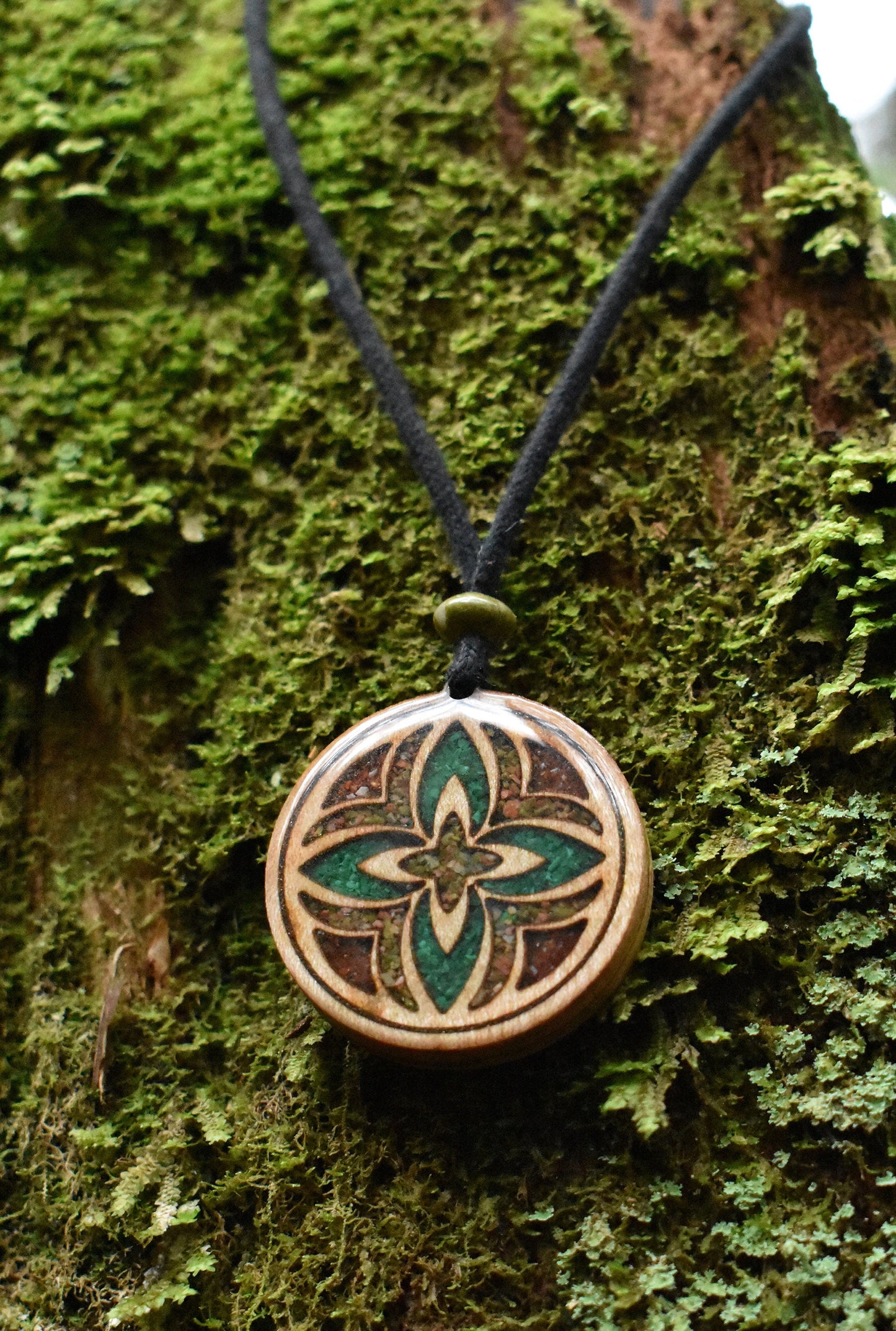 Inner Light Wood Pendant - Necklace with Malachite - Unakite - Carnelian