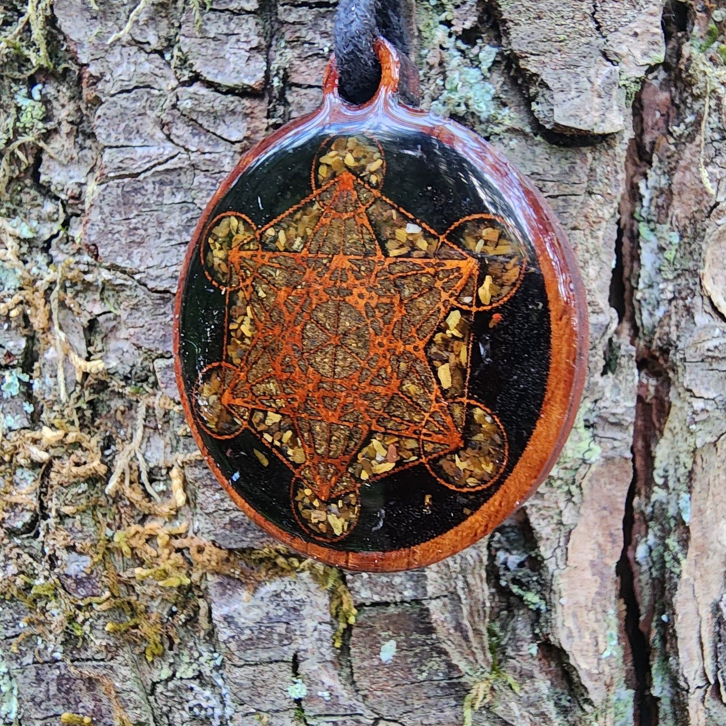Metatron's Cube - Black Tourmaline - Tigers Eye - Wood Pendant - Necklace