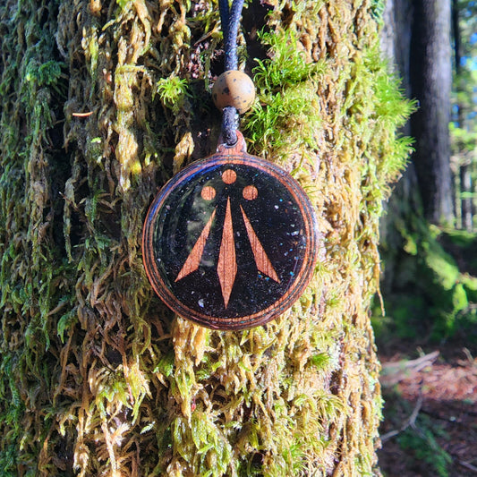 Black Tourmaline - Awen Symbol - Wood Pendant - Necklace