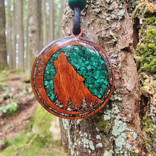 Malachite -  Azurite - Wolf Totem - Wood Pendant - Necklace