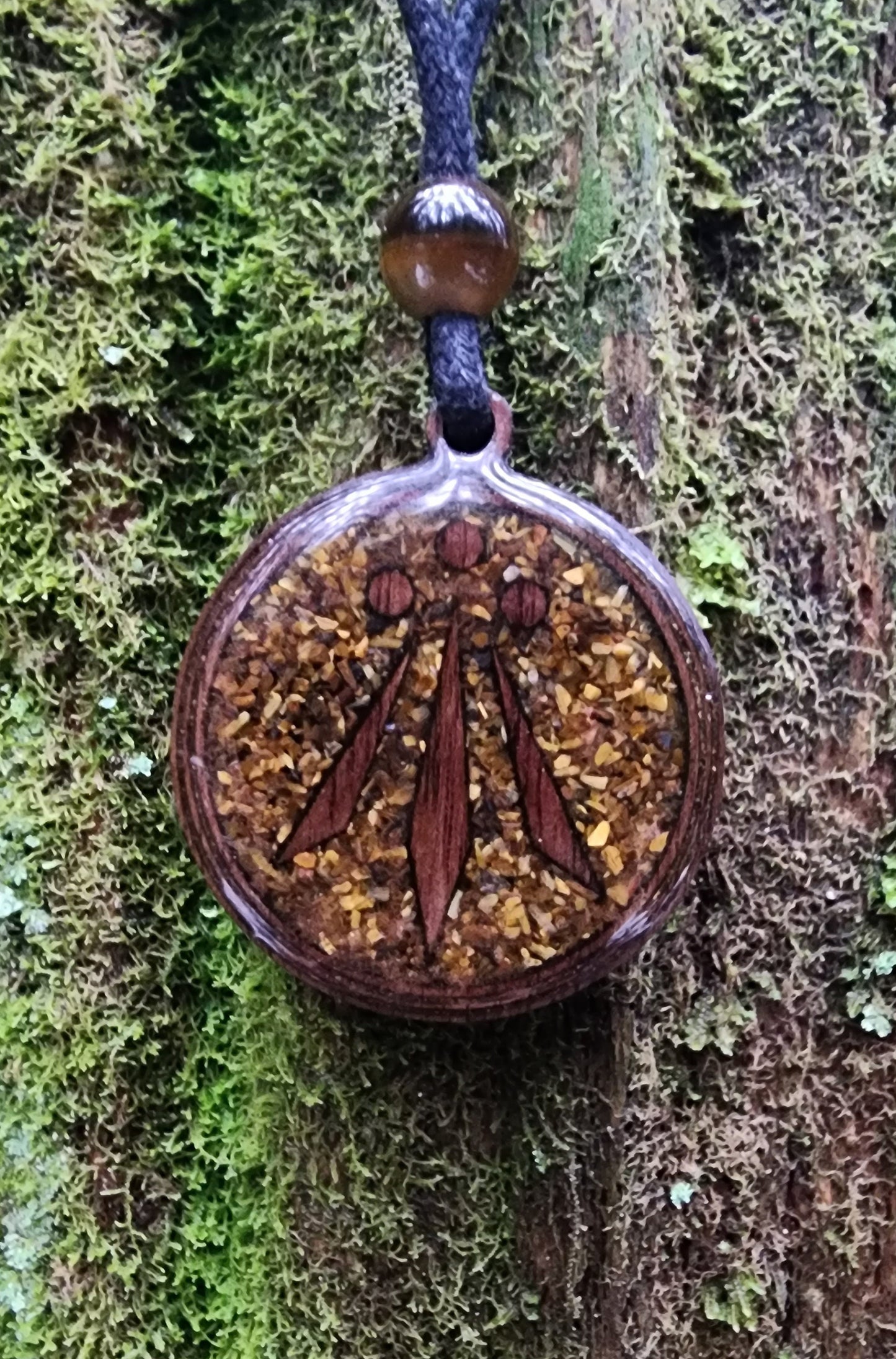 Tigers Eye - Awen Symbol - Wood Pendant - Necklace