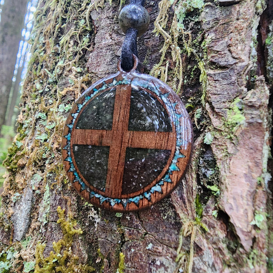Solar Cross with Peridot - Chrysocolla - Wood Pendant - Necklace