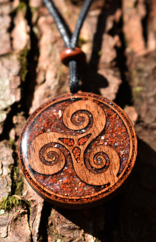 Carnelian & Red Jasper Triskelion Wood Pendant - Necklace