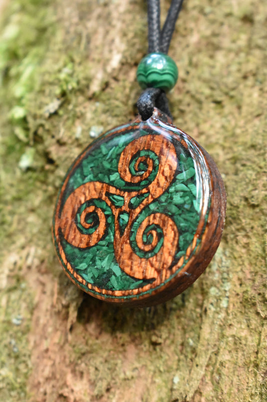 Malachite Triskelion Wood Pendant - Necklace