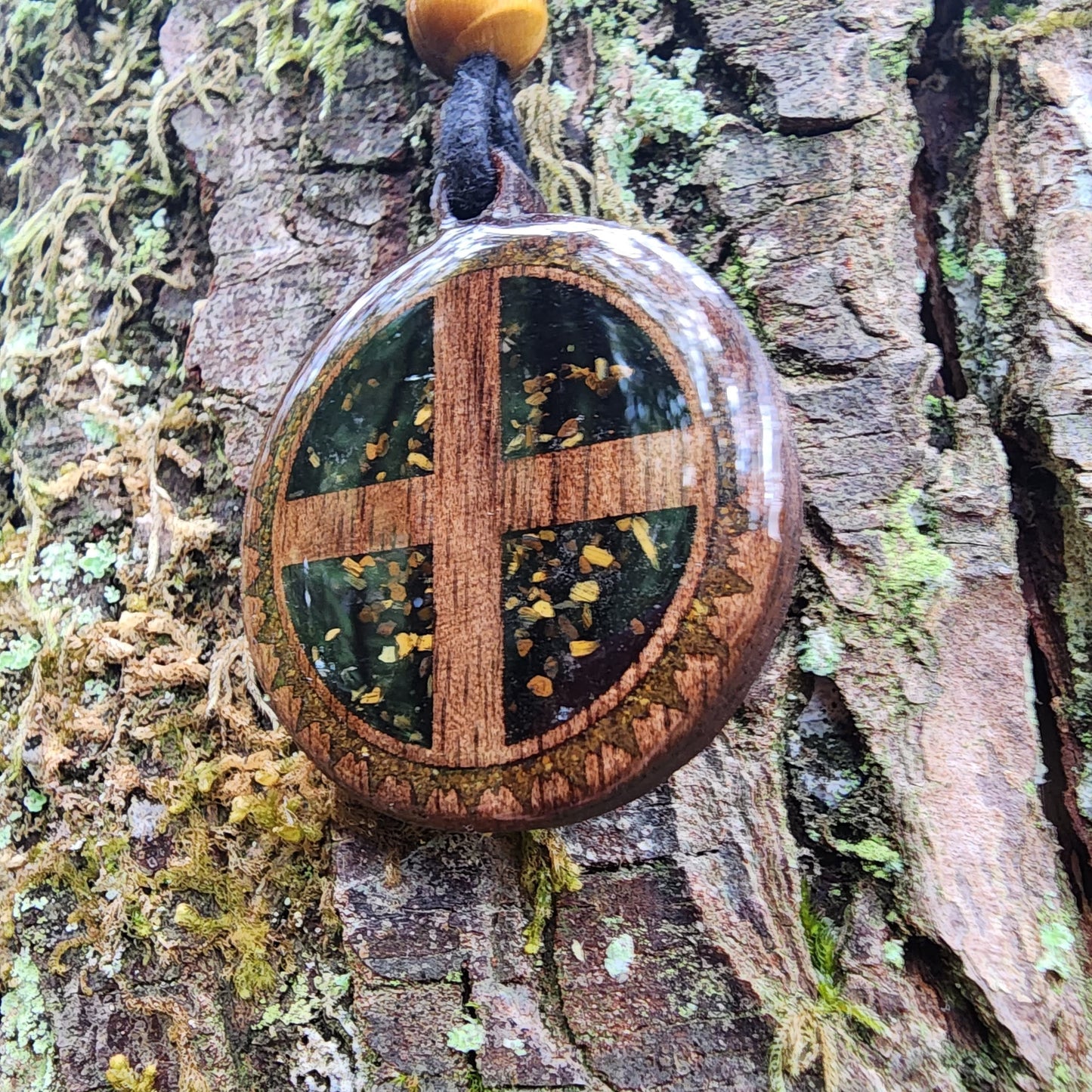 Solar Cross with Black Tourmaline - Tigers Eye  - Wood Pendant - Necklace