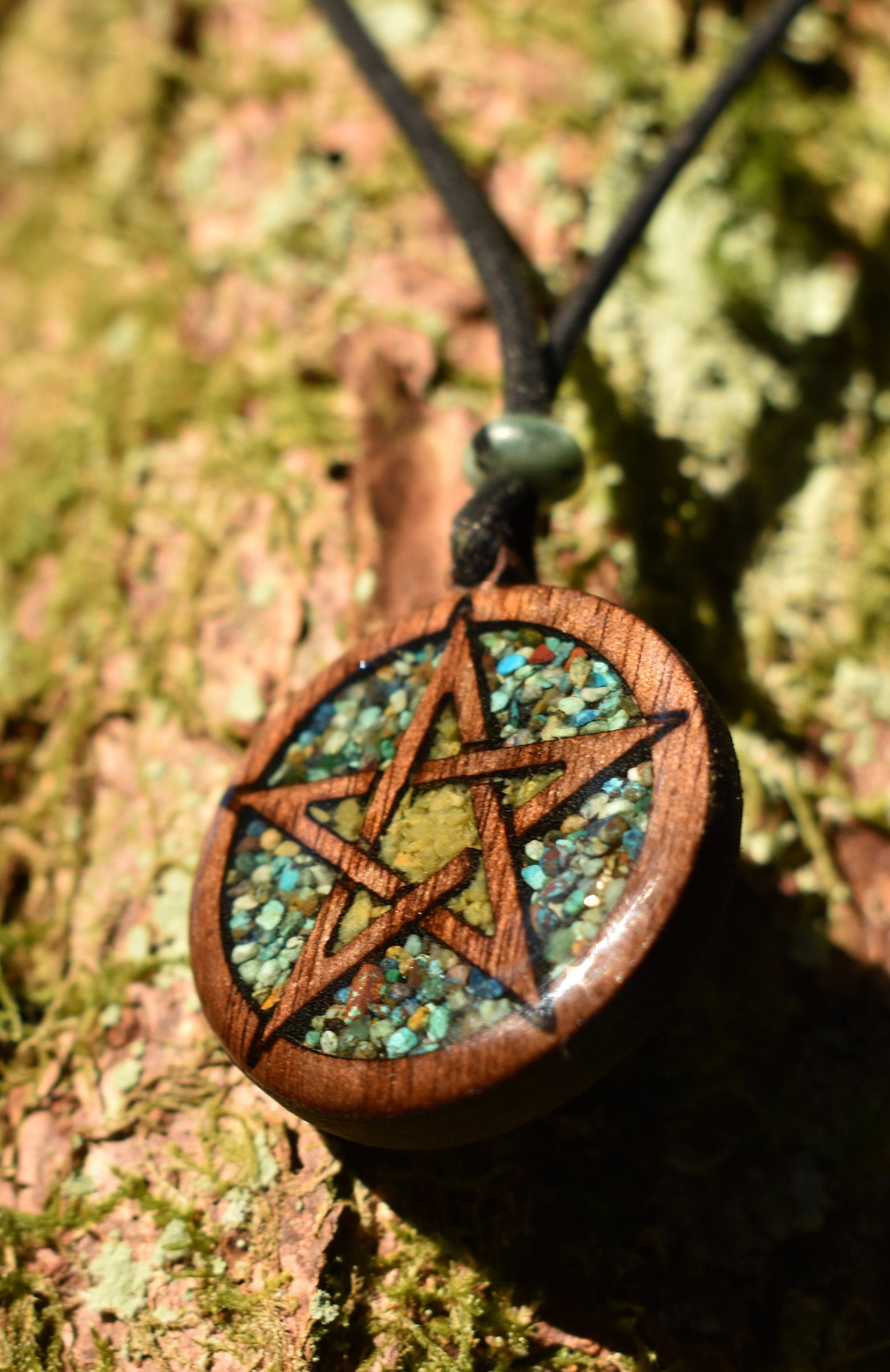 Phoenix Turquoise & Green Opal Pentagram Wood Pendant - Necklace