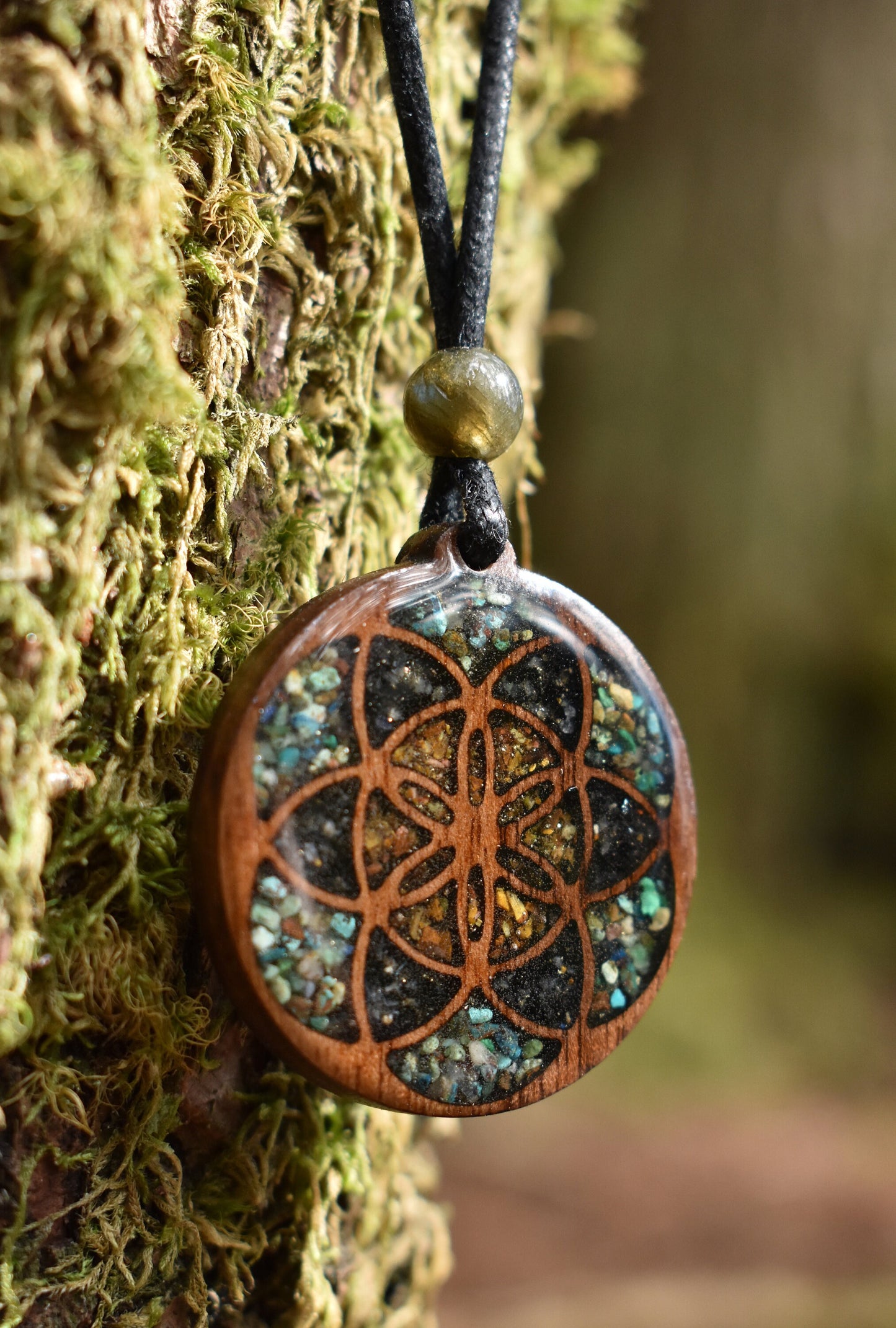 Seed of Life Pendant - Necklace with Phoenix Turquoise - Pyrite - Tigers Eye - Black Tourmaline - Labradorite