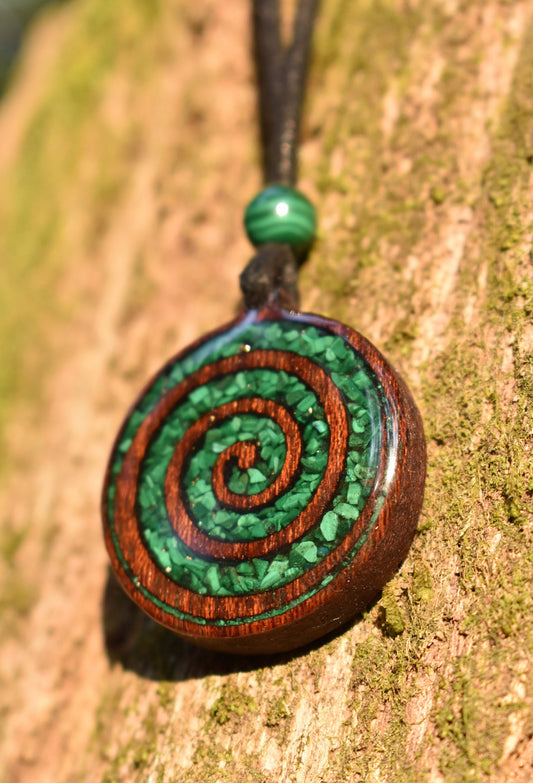 Malachite Celtic Spiral Wood Pendant - Necklace