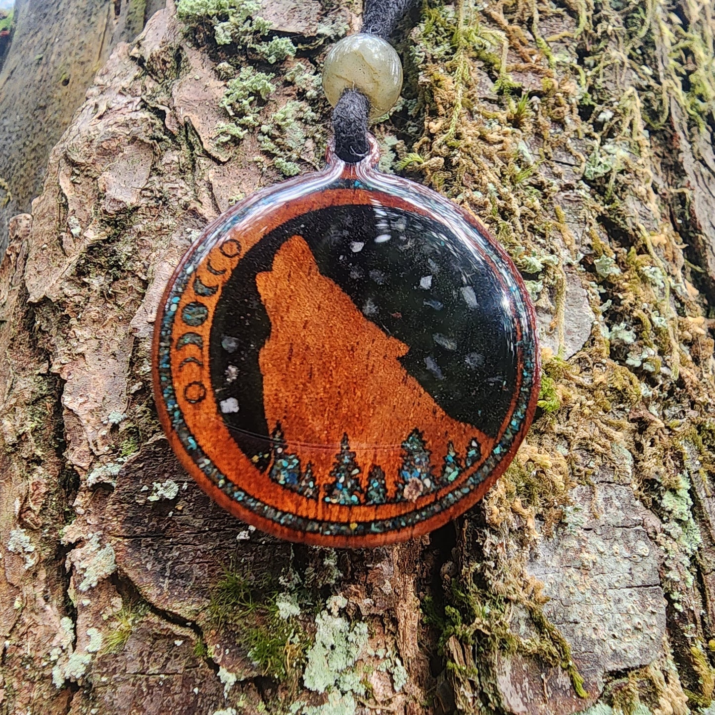 Black Tourmaline - Phoenix Turquoise -  Labradorite - Wolf Totem - Wood Pendant - Necklace