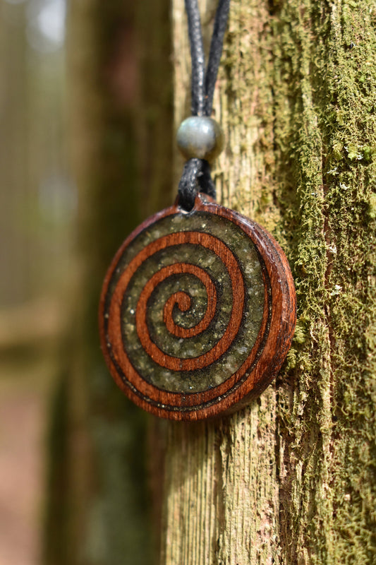 Peridot -Pyrite Celtic Spiral Wood Pendant - Necklace