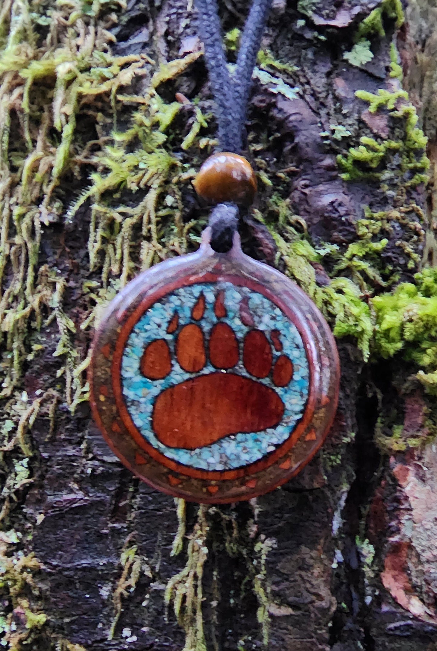 Chrysocolla - Tigers Eye - Bear Totem - Paw - Wood Pendant - Necklace