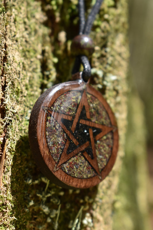 Black Tourmaline & Dragons Blood Jasper - Pentagram Wood Pendant - Necklace