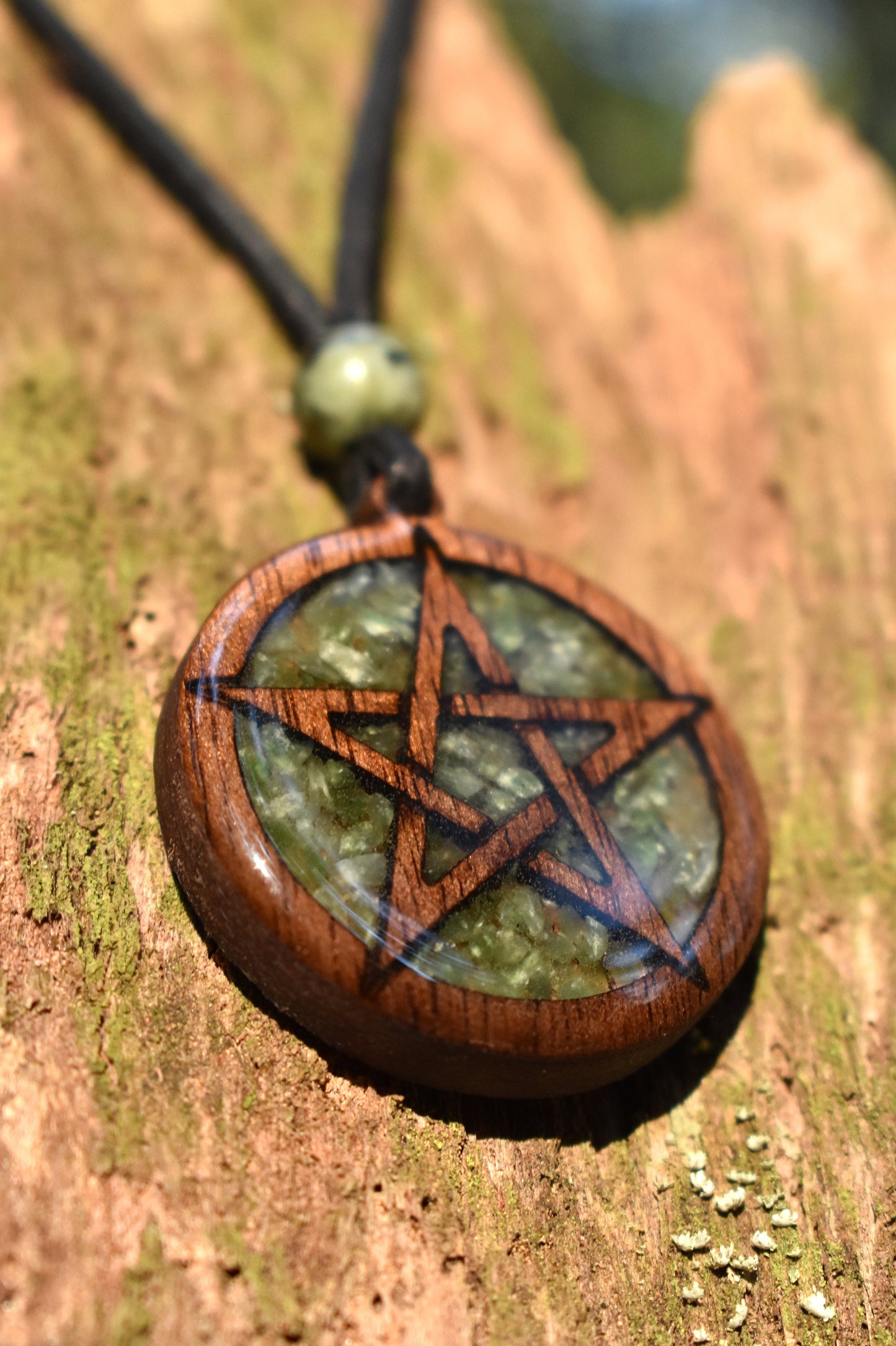 Nephrite Jade Pentagram Wood Pendant - Necklace