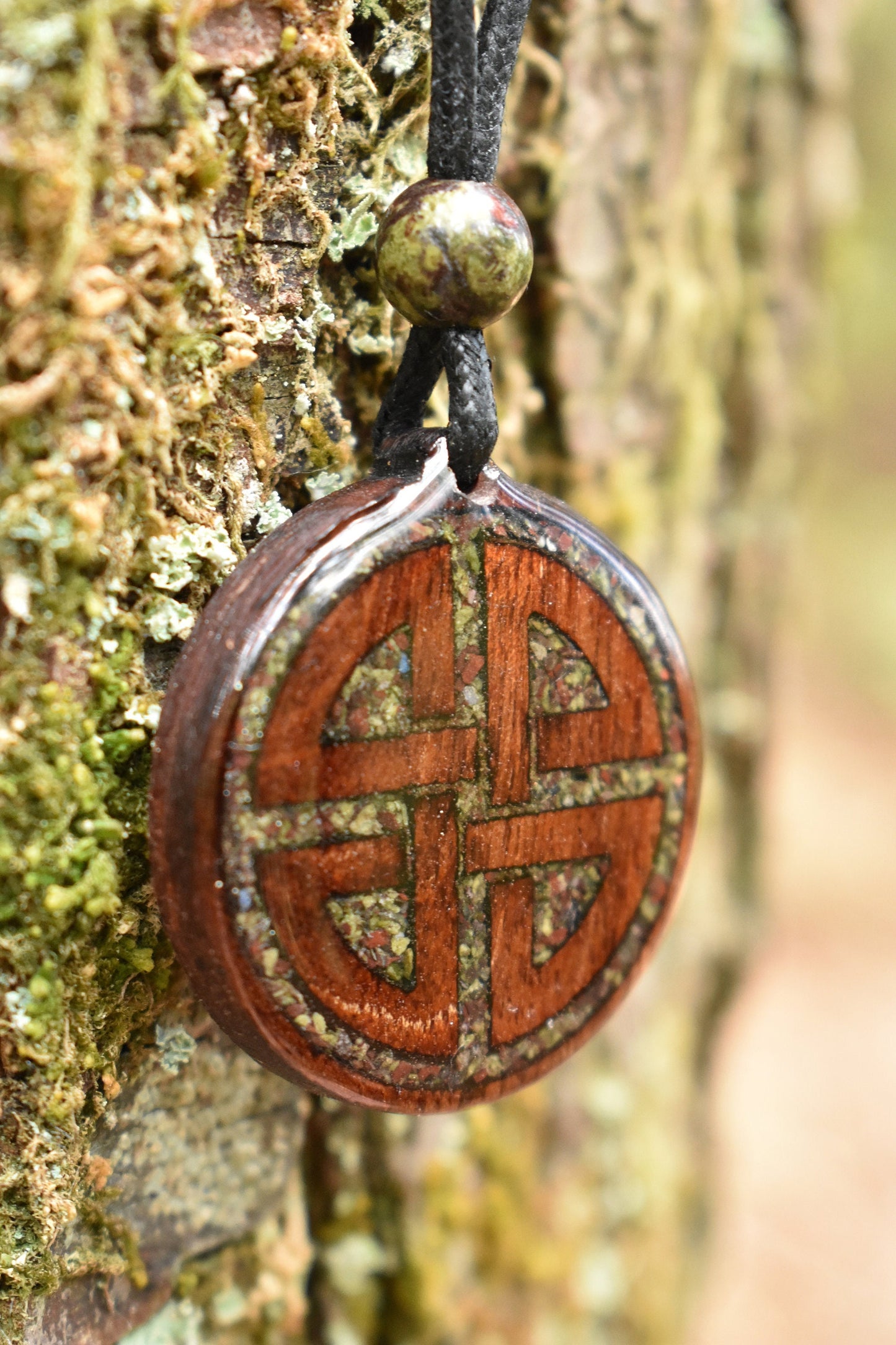 Dragons Blood Jasper - Shield Knot - Wood Pendant - Necklace