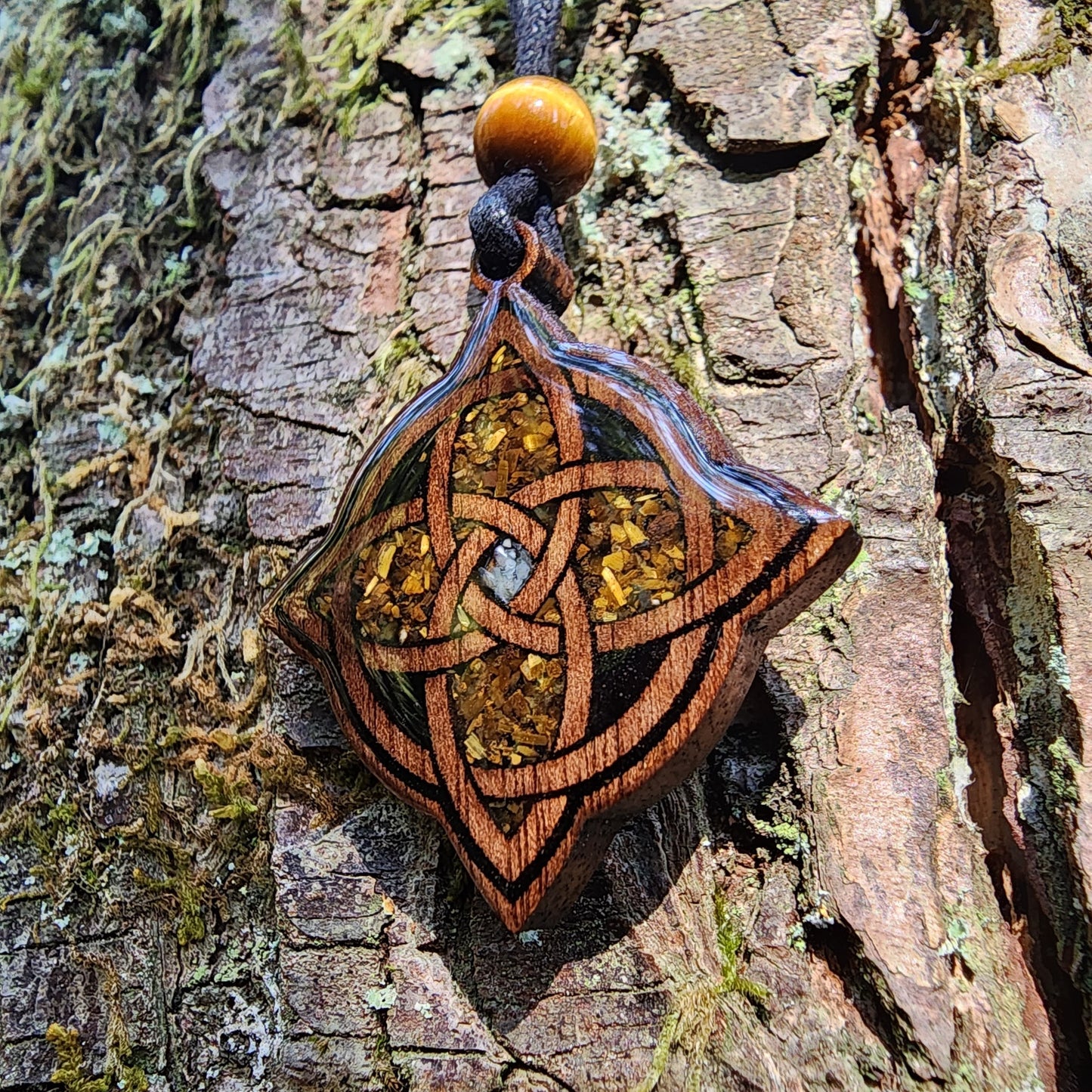 Witches Knot with Black Tourmaline - Tigers Eye -  Mother of Pearl - Wood Pendant - Necklace