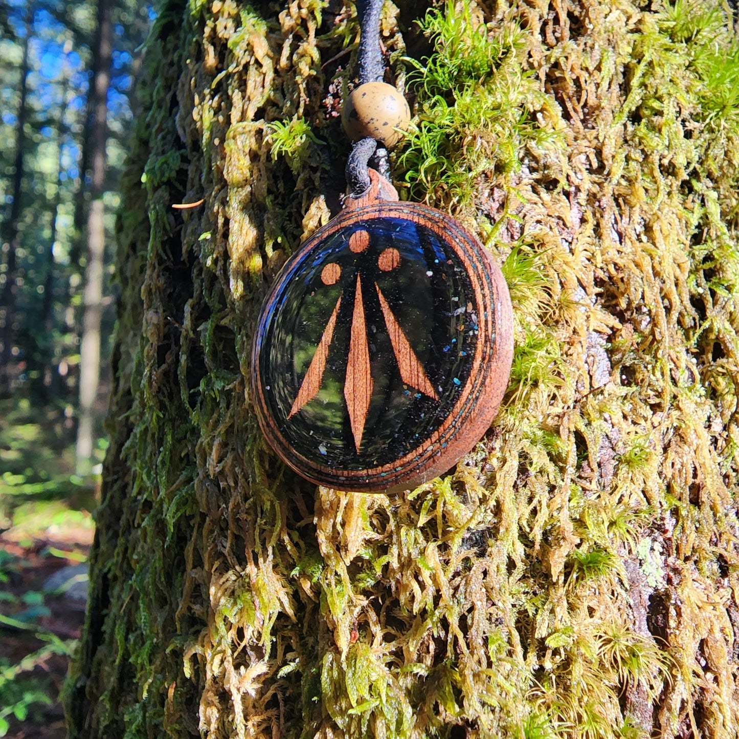 Black Tourmaline - Awen Symbol - Wood Pendant - Necklace