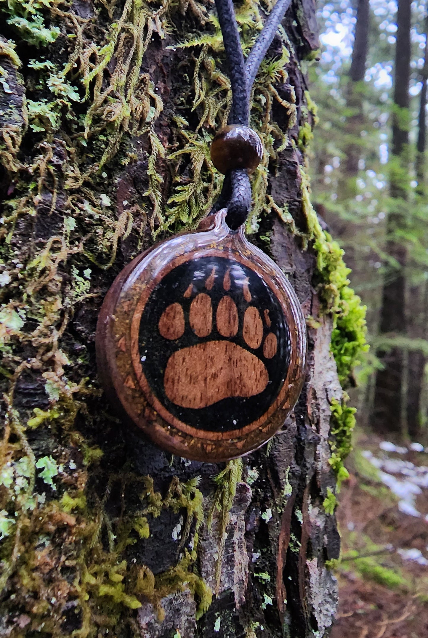 Black Tourmaline - Tigers Eye - Bear Totem - Paw - Wood Pendant - Necklace