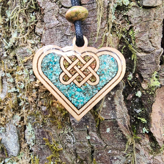 Love Knot - Unakite - Chrysocolla - Pyrite - Wood Pendant - Necklace