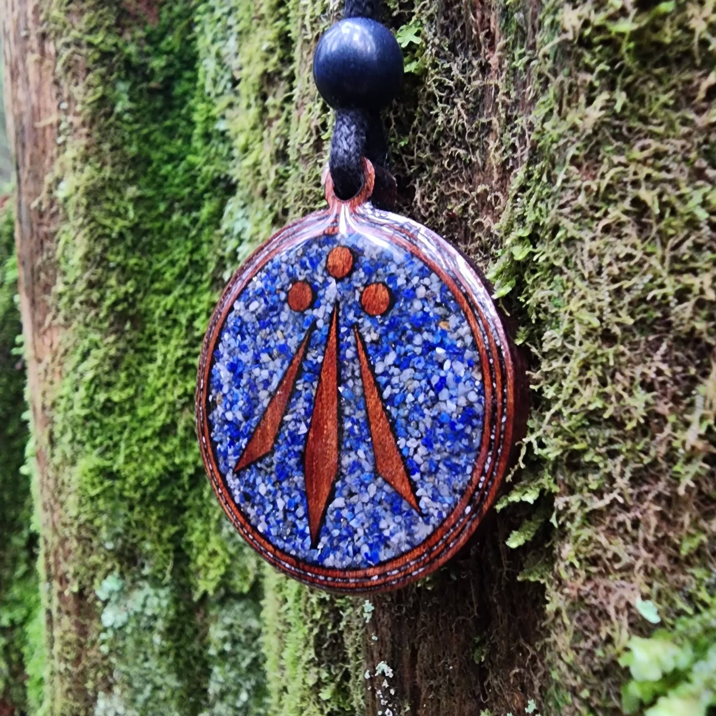 Lapis Lazuli - Awen Symbol - Wood Pendant - Necklace