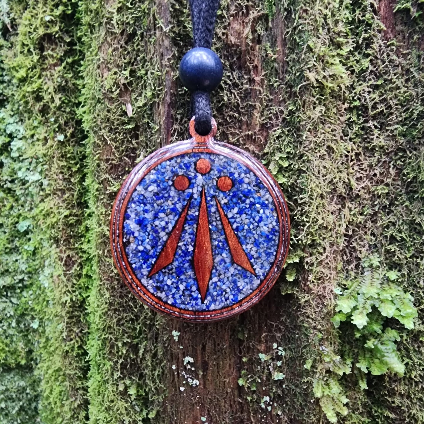 Lapis Lazuli - Awen Symbol - Wood Pendant - Necklace